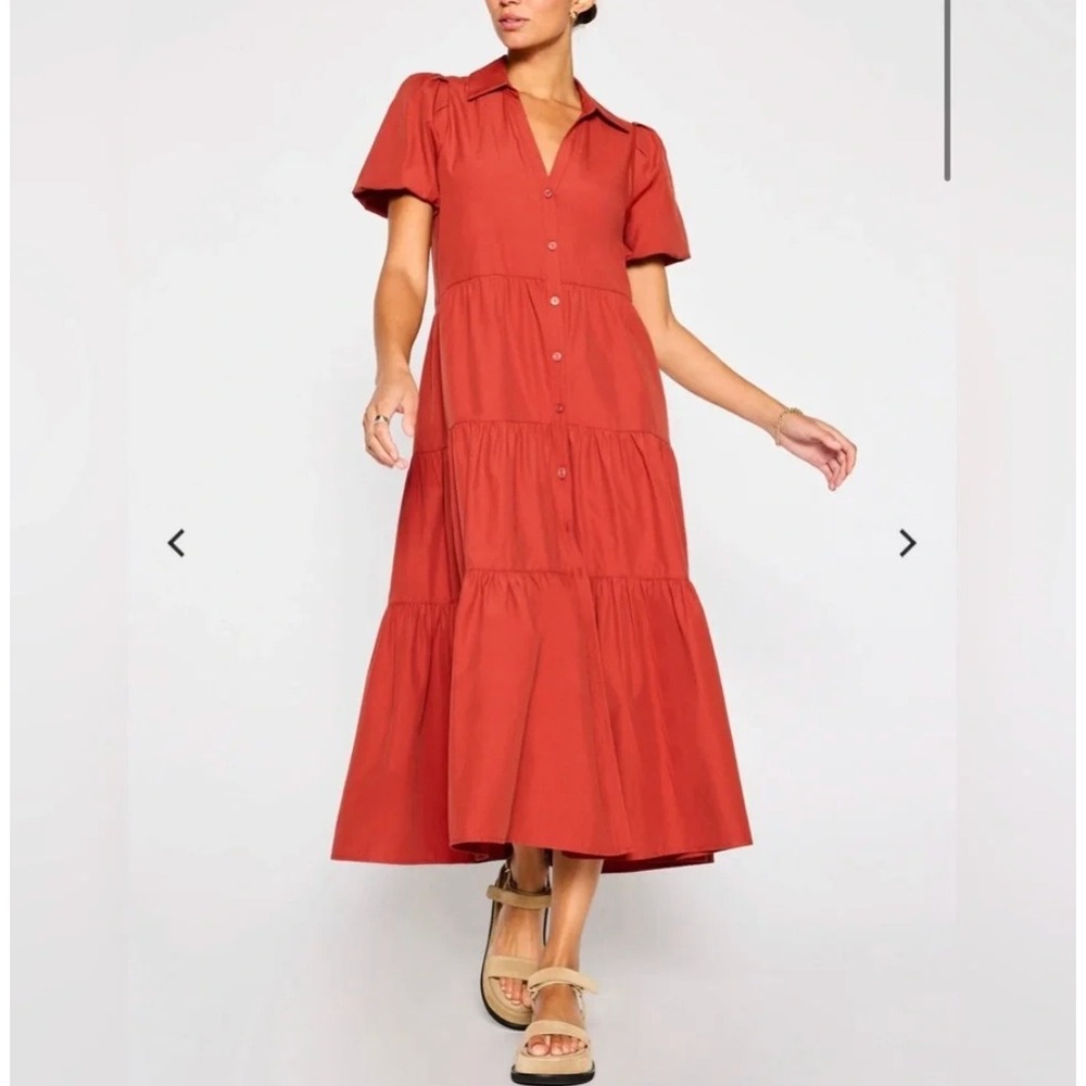 Brochu Walker Havana Dress Size L Tiered Puff Sleeve Midi Shirt Rust Orange